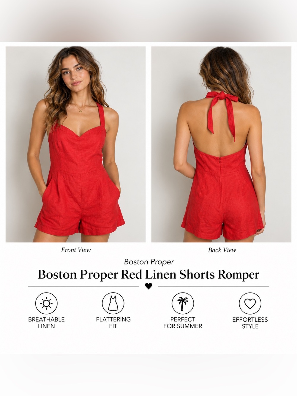 Boston Proper Red Linen Shorts Romper